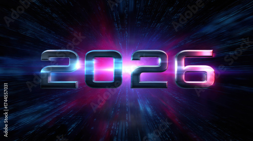 Metallic Numbers Glowing in Deep Blue and Magenta Colors with a Futuristic Theme Representing the Year 2026 in a Dynamic Visual Display