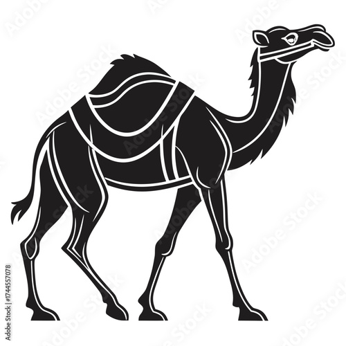 Stylized black camel silhouette with saddle