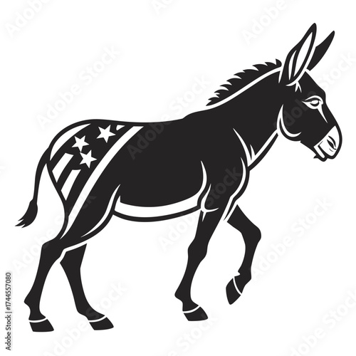 Democratic donkey silhouette with american flag tail