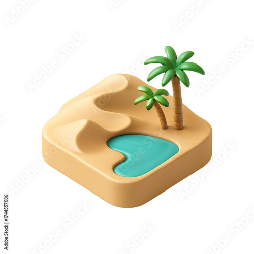 Stylized desert oasis with palm trees and water isolated on transparent background