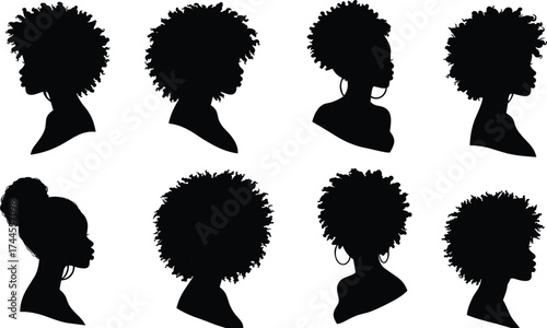 Silhouette collection of women with natural curly hair, afro hairstyle profile portraits, beauty, elegance, diversity, empowerment, fashion, strengthSilhouette 