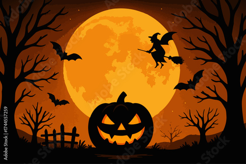 Halloween Pumpkin and Witch Silhouette Illustration