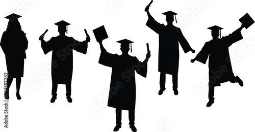 Silhouette graduates celebrating success, holding diplomas and caps in graduation gowns, representing education achievement, university ceremony, academic success, and future goals.