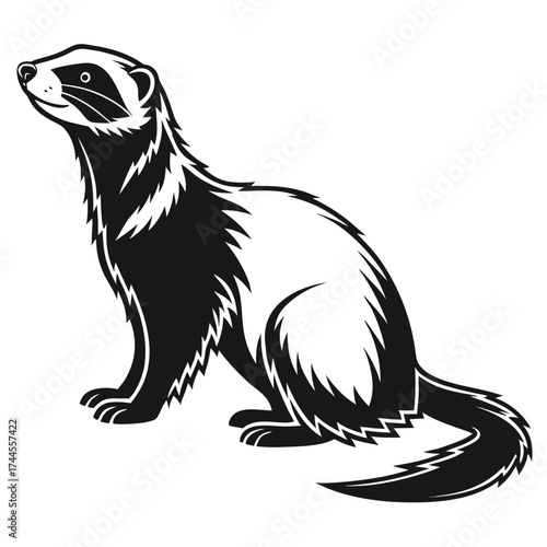 Stylized black and white illustration of a ferret sitting