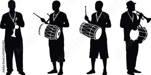 Silhouette musicians performing with drums and trumpet, representing street band performance, jazz music, rhythm, cultural celebration, and live entertainment art.