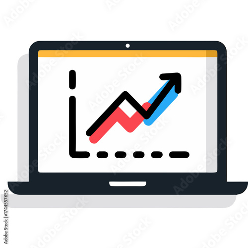 Vector illustration of laptop screen displaying upward trending graph with red and blue lines