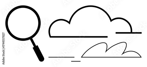 Magnifying glass near cloud and wave shapes conveys search, exploration, or discovery. Ideal for research, analytics, innovation, investigation, cloud computing, problem-solving simple flat metaphor