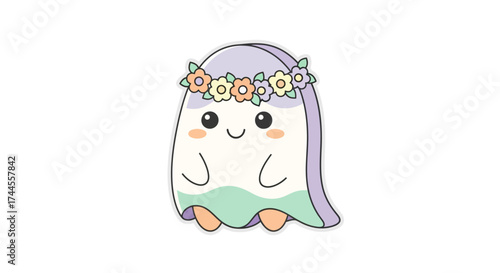 Adorable kawaii ghost with flower crown will bring a whimsical touch to your designs for Halloween, kids' parties, and spooky season celebrations