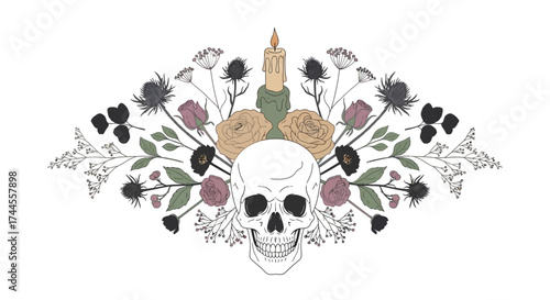 Elegantly spooky skull surrounded by roses and wildflowers with a burning candle, perfect for Halloween invitations and gothic designs
