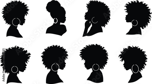 Silhouette of beautiful women with afro hairstyles and earrings, elegant female profiles, natural hair, fashion, beauty, empowerment, confidence, diversity