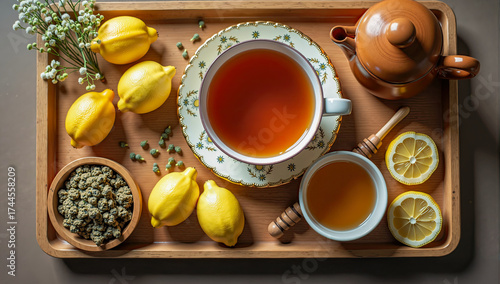 Flat lay of tea set with herbal tea, lemon, and honey on wooden tray, cozy indoor setup with soft daylight, calm and relaxing healthy lifestyle