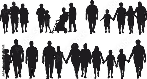 Silhouette of diverse families walking together, parents and children holding hands, symbolizing unity, love, care, togetherness, happiness, and family bonding.