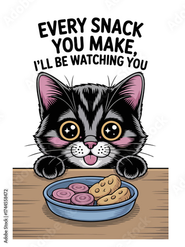 Humorous Cartoon Cat Staring Intently at a Bowl of Snacks
