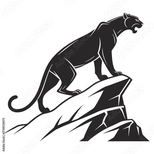 Black panther roaring on a rocky outcrop