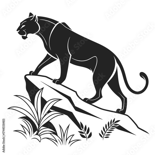 Black panther prowling on a rocky outcrop with foliage