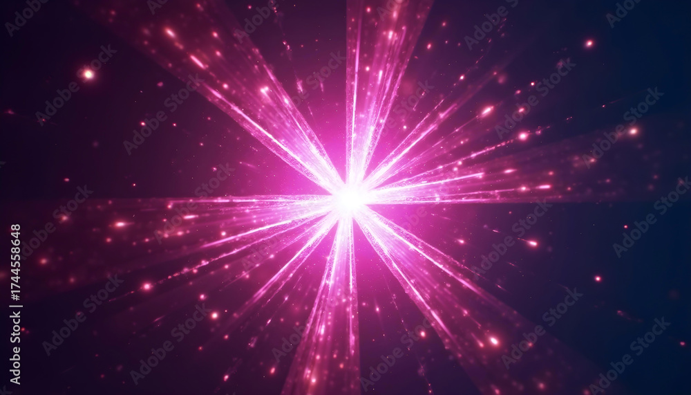 Fototapeta premium Burst of bright magenta-pink light and rays emanating from the center, surrounded by shimmering particles, creating starburst effect.
