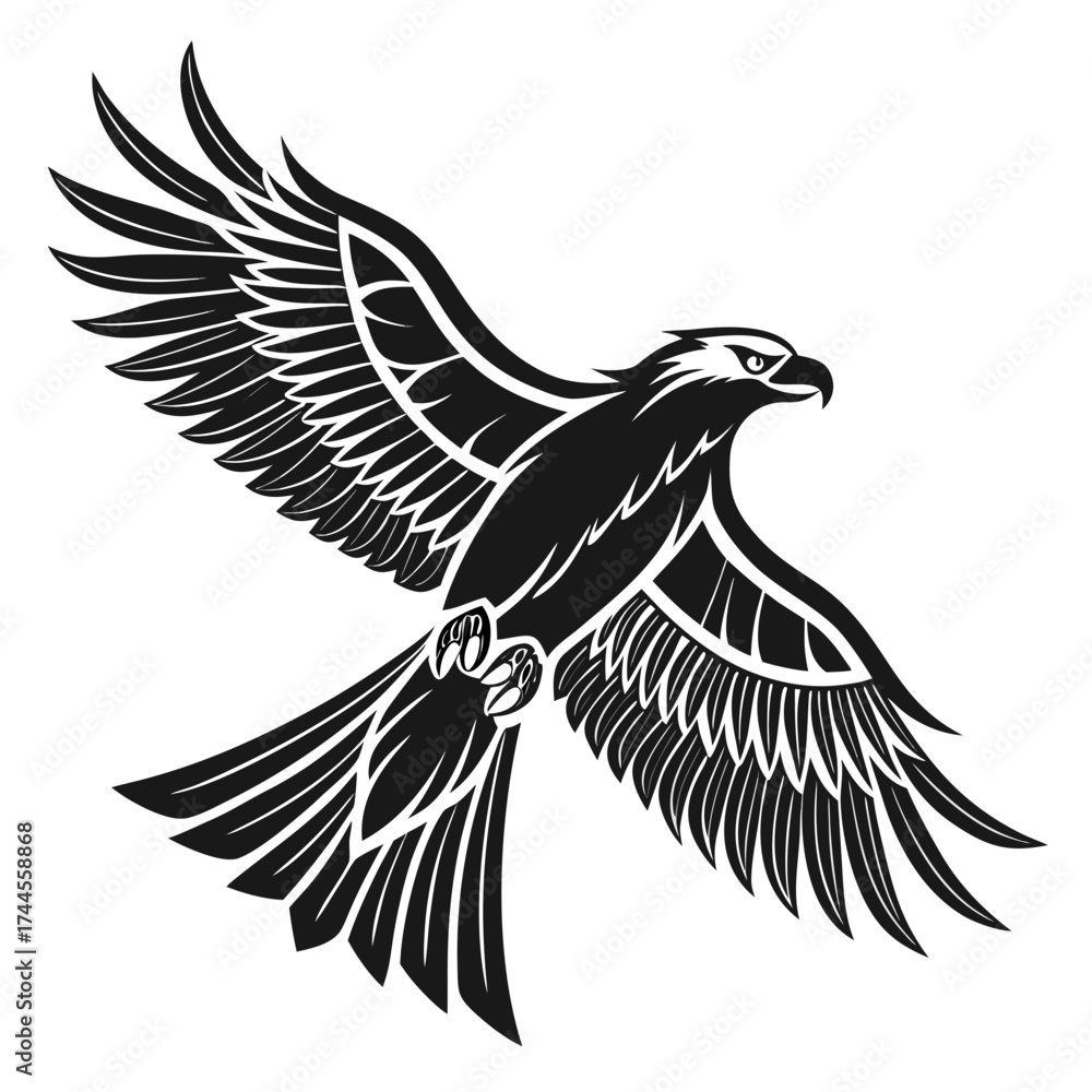 Obraz premium Stylized black eagle in flight with wings spread wide