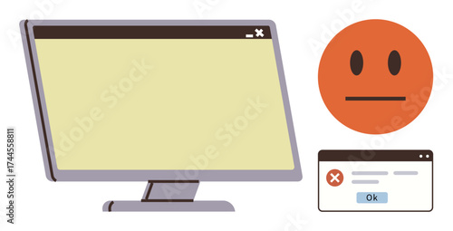 Monitor with error pop-up and sad face symbolizing tech issues or system failure. Ideal for troubleshooting, warning, UI problems, customer support, online errors, frustration, simple flat metaphor