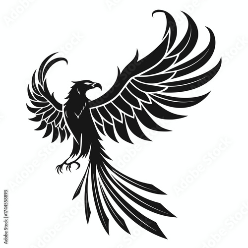 Stylized black phoenix bird silhouette in flight