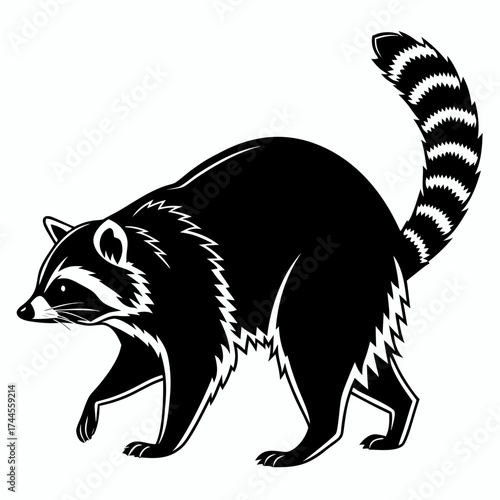 Stylized black and white raccoon walking with striped tail
