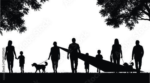 Silhouette of families walking together with children and dogs in park, nature background, togetherness, outdoor leisure, unity, and happiness