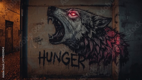 Wild Wolf Street Art – Realistic Graffiti of Roaring Wolf with Red Eyes, Aggressive Urban Mural with Hunger Text, Dark Moody Wall, Horror and Strength Symbolism