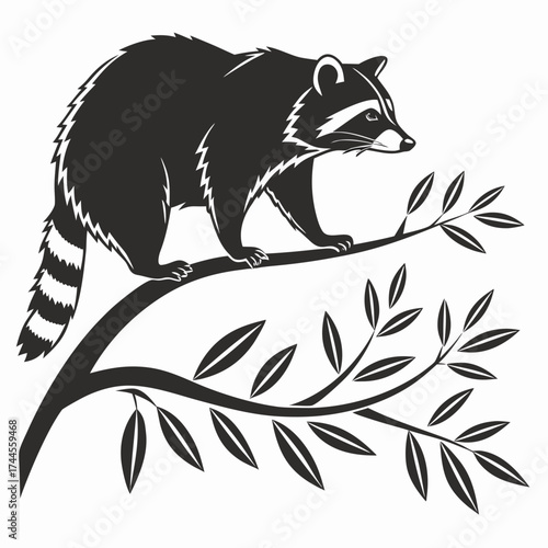 Stylized black and white raccoon perched on a branch