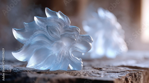 Translucent Crystal Lion Carvings Illuminated by Natural Light: Close-Up View of Exquisite Artistry and Detail in Sculpture Design