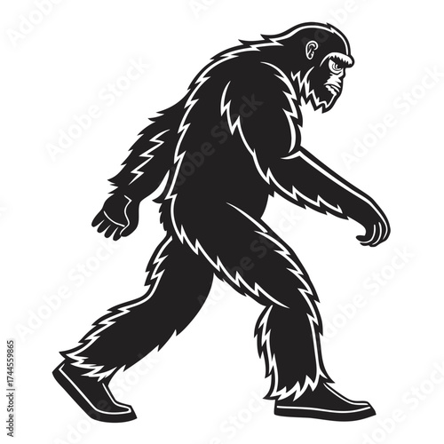 Black silhouette of a walking bigfoot creature