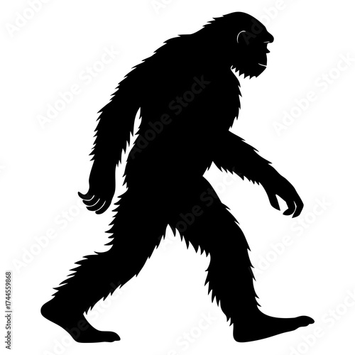 Silhouette of a walking bigfoot creature on a white background