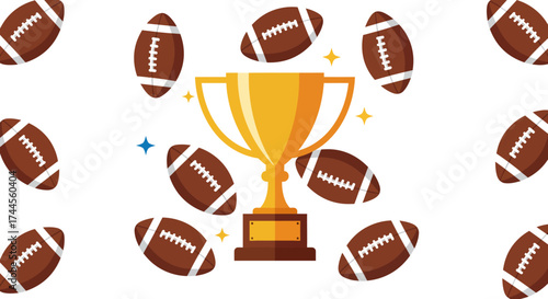 A gold trophy stands amid multiple footballs with star accents on a white background