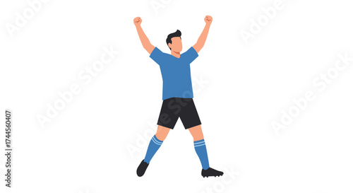 A faceless soccer player in a blue jersey and black shorts celebrates with arms raised