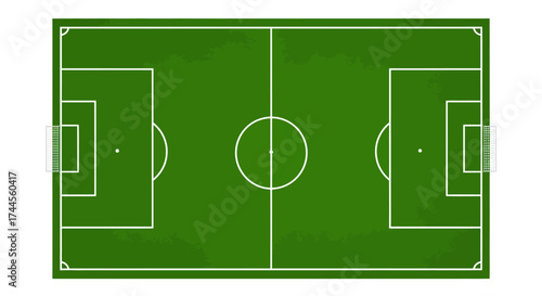 A green soccer field with white markings including goals center circle and perimeter lines