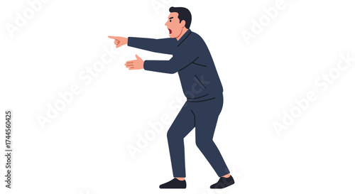 A man shouts  points forward wearing a dark tracksuit He is bent at the waist with an outstretched open hand  angry face