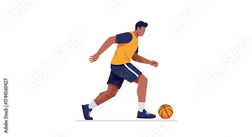 A person in sports attire dribbles an orange basketball