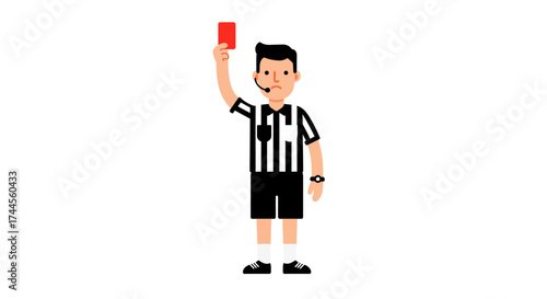 A referee in a striped shirt holds up a red card