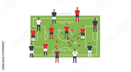 A soccer field diagram shows players in blue red and white with passing arrows and dotted areas on a green field