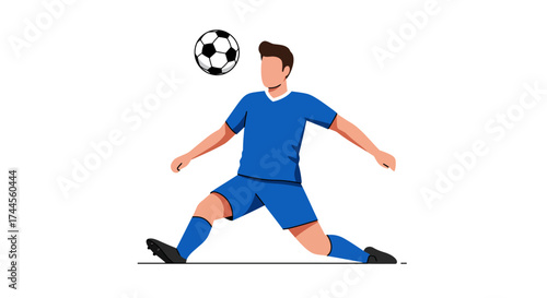 A soccer player in blue kicking a blackandwhite ball