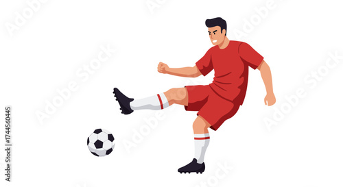 A soccer player in red kicking a black and white soccer ball on a white background