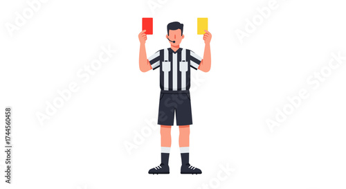 A soccer referee displays a yellow  red card in a black  white striped shirt and shorts