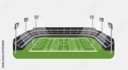A sports stadium is shown with floodlights and a grassy playing field