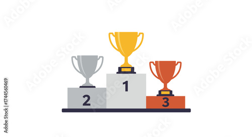 A winners podium with gold silver and bronze trophies for first second and third place