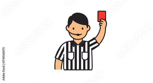 Cartoon referee in striped uniform holds up a red card indicating a penalty
