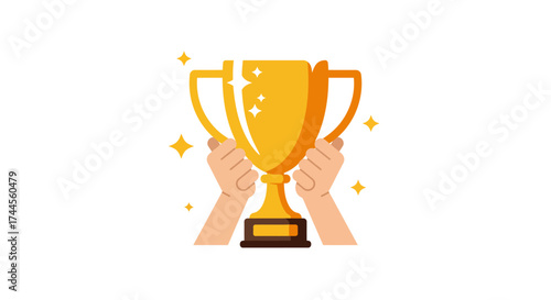 Cartoon trophy held up by two hands with yellow stars sparkling around the trophy