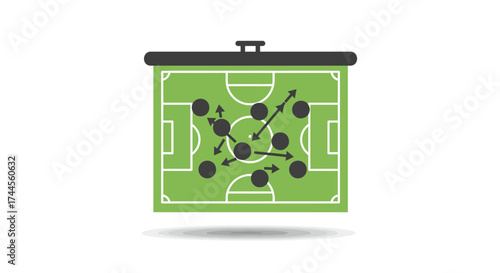 Soccer field diagram displayed on a tactic board with arrows depicting player movements