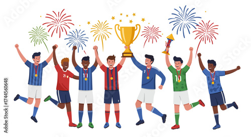 Soccer players medals championship fireworks and a trophy celebrate