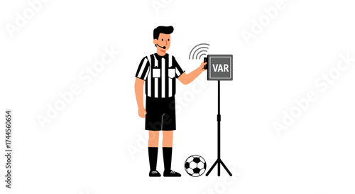 Soccer referee using VAR tech wearing striped shirt  shorts near soccer ball
