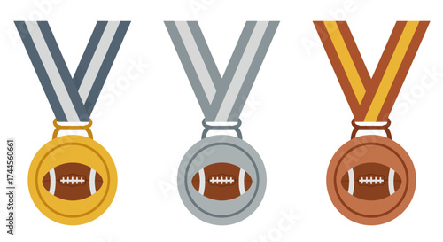 Three medals gold silver bronze with football design Ribbons attached in V shape
