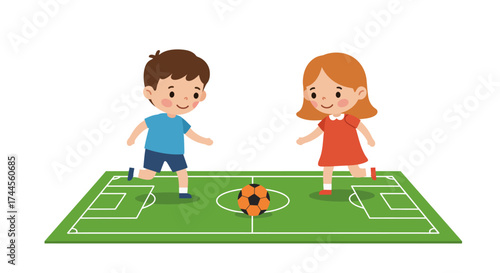 Two children playing soccer on a green field with an orange and black ball