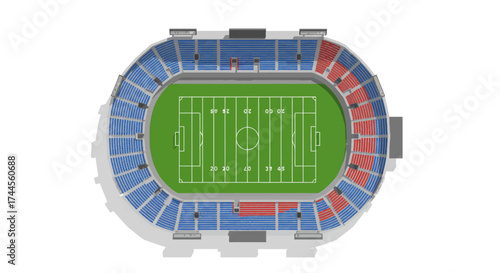 Topdown view of a stadium with blue and red seating surrounding a green football field marked with yard lines